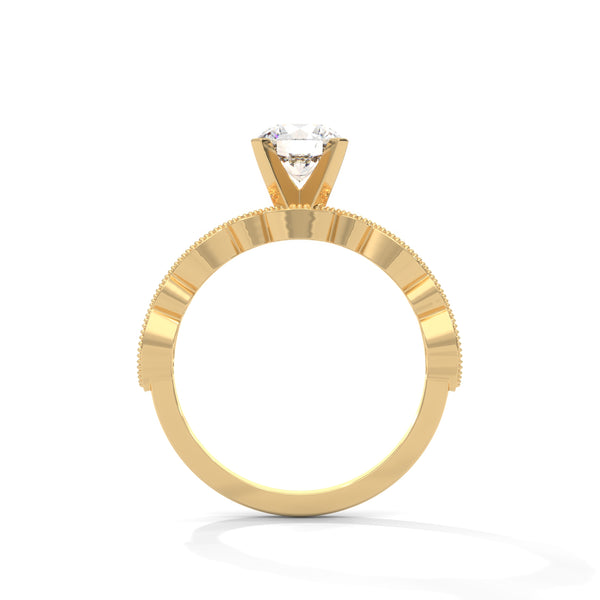 A rose gold solitaire with milgrain detailing and alternating marquise and round diamonds, capturing timeless elegance with every glance.