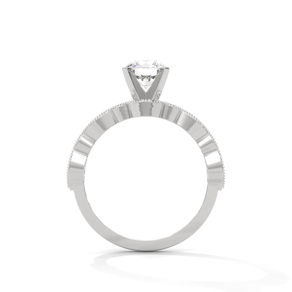 A rose gold solitaire with milgrain detailing and alternating marquise and round diamonds, capturing timeless elegance with every glance.