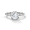 A cushion-cut lab-grown diamond surrounded by a delicate halo — timeless romance with a soft, feminine glow