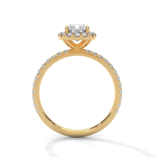 A cushion-cut lab-grown diamond surrounded by a delicate halo — timeless romance with a soft, feminine glow