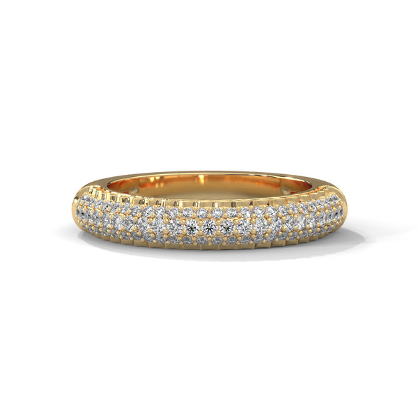 A dazzling yellow gold band pavé-set with three rows of brilliant round diamonds, delivering radiant sparkle from every angle.