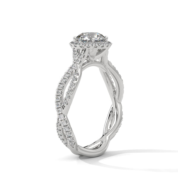 “Seraphina Ring—round-diamond brilliance, radiant halo sparkle, and intertwined pavé elegance crafted to symbolize timeless love, romantic beauty, and everlasting commitment.”