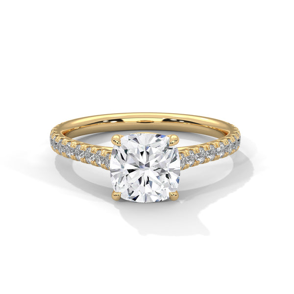 “Lumière Ring—cushion-cut diamond brilliance, pavé-band sparkle, and refined white-gold elegance crafted to symbolize timeless beauty, radiant love, and unforgettable moments.”