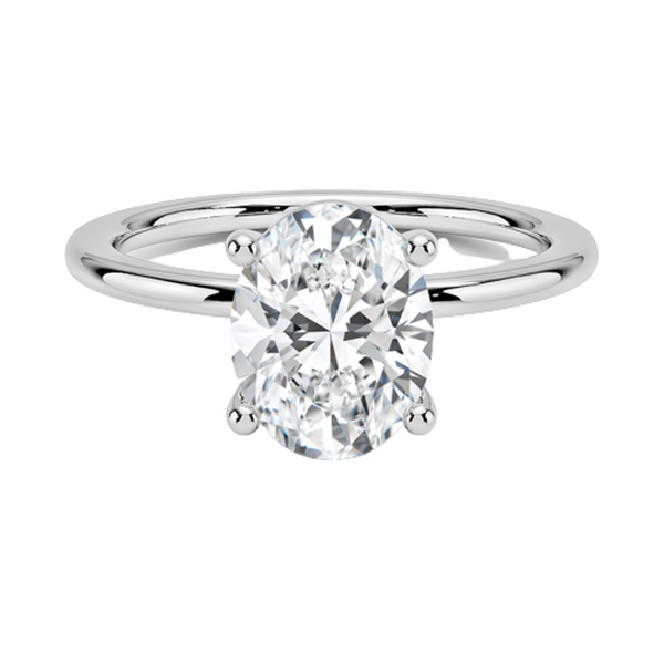 Minimalist elegance at its finest—Celestia Pure features a breathtaking oval diamond in a timeless solitaire setting crafted from polished white metal.