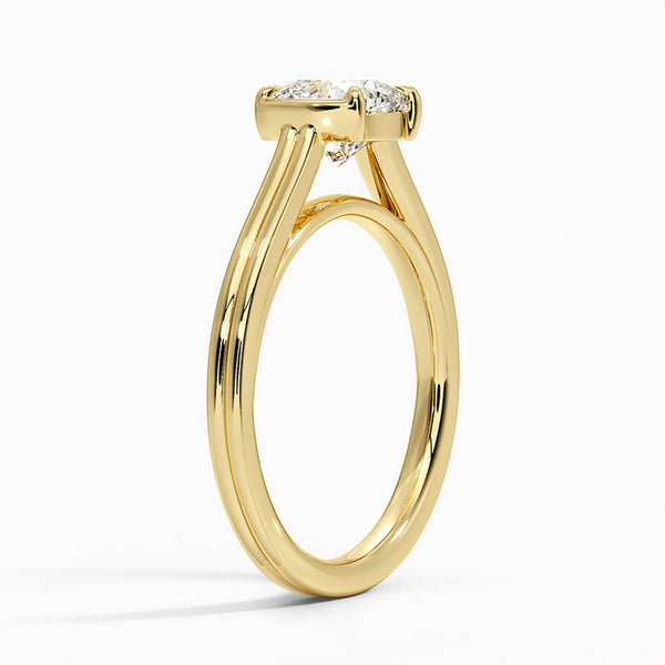 A sleek cathedral-style ring with split shoulders that elegantly lift the diamond in a graceful arc.