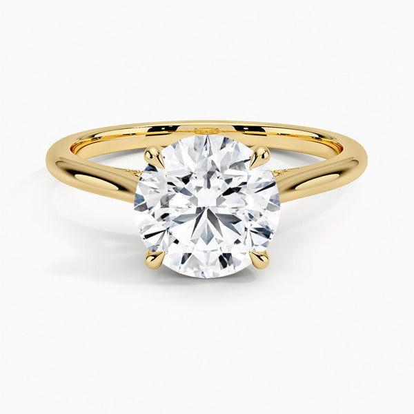A sweeping cathedral-style solitaire ring with hidden diamond accents and a round brilliant center, blending elegance and modern refinement.