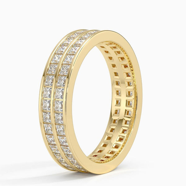 "Luxury double-row princess cut diamond eternity ring crafted in radiant yellow gold, delivering timeless sparkle, bold brilliance, and premium statement elegance."