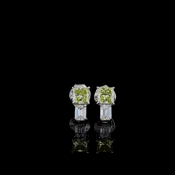 Fancy Yellow Cushion Diamond Stud Earrings with Baguette Accents in White Gold (0.86 ct. tw.)