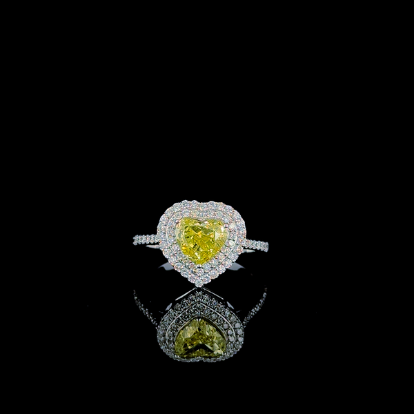 Heart-shaped yellow diamond double halo ring with pavé band (2.07 ct. tw,) 14kt White Gold