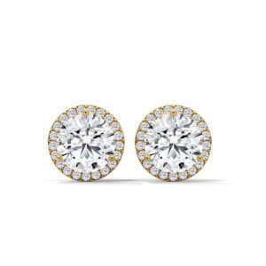 Classic Halo Round Diamond Studs in Yellow Gold