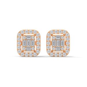 Double Halo Baguette & Round Diamond Earrings in Rose Gold