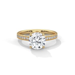Round Cut Diamond Engagement Ring with Pavé Band in Yellow Gold