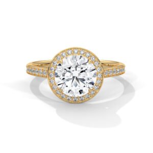 Yellow Gold Diamond Halo Engagement Ring with Pave Band