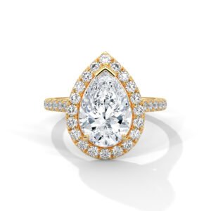 Pear-Shaped Halo Diamond Engagement Ring with Diamond Band in Yellow Gold