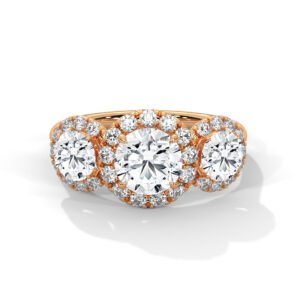 Rose Gold Three-Stone Diamond Halo Ring
